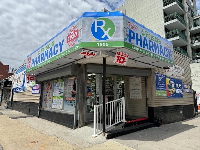 Friscia Pharmacy storefront on the corner of W 15th St and Mermaid Ave, Coney Island